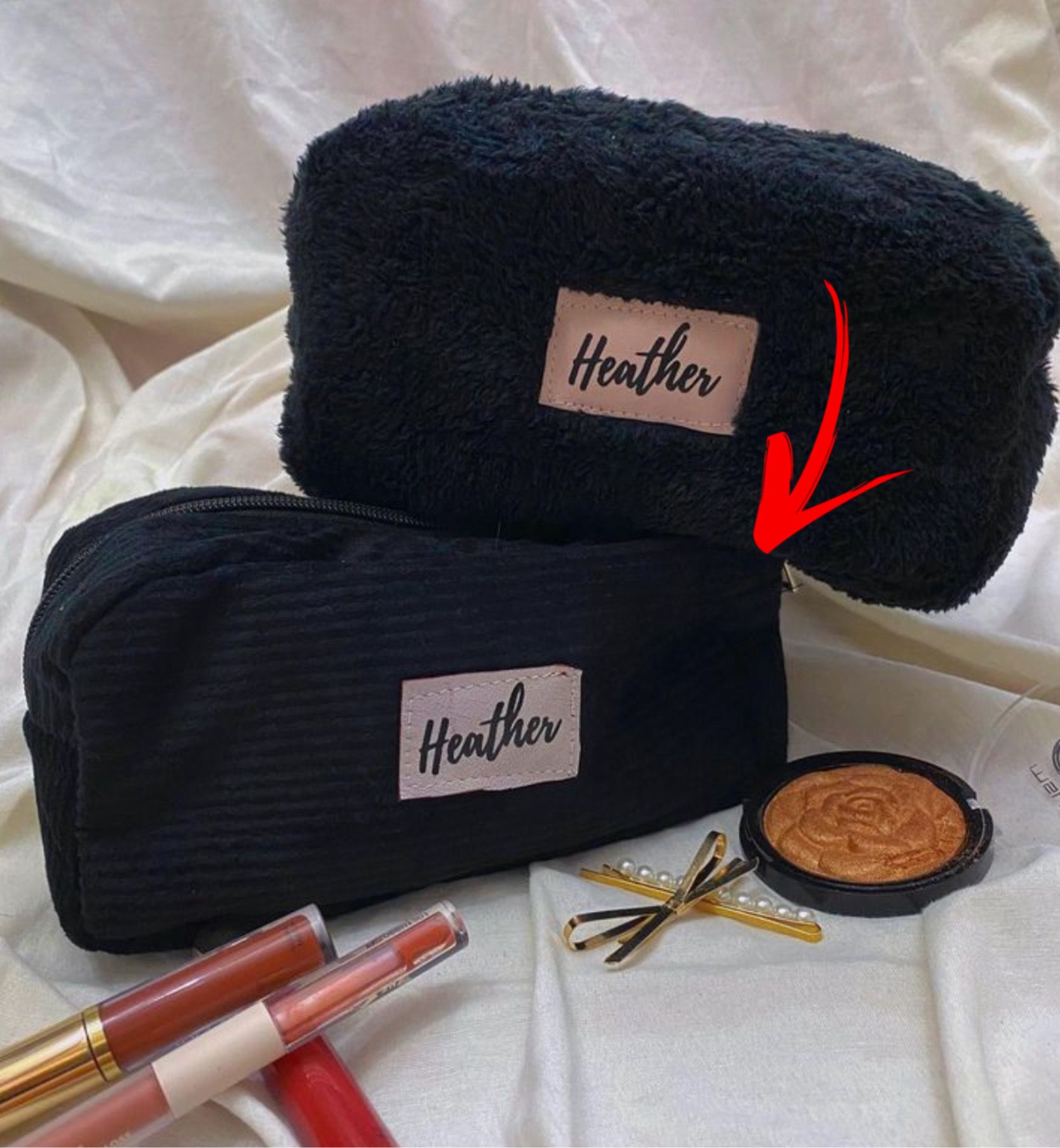 Heather black corduroy makeup bag