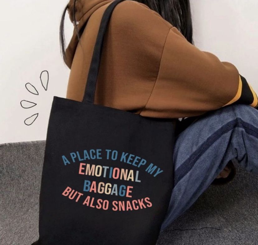 Snacks & emotional baggage heather tote bag