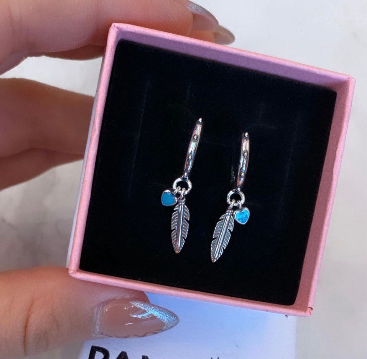 Silver Earrings Pandora Turquoise Hearts Feather Hoop Earrings