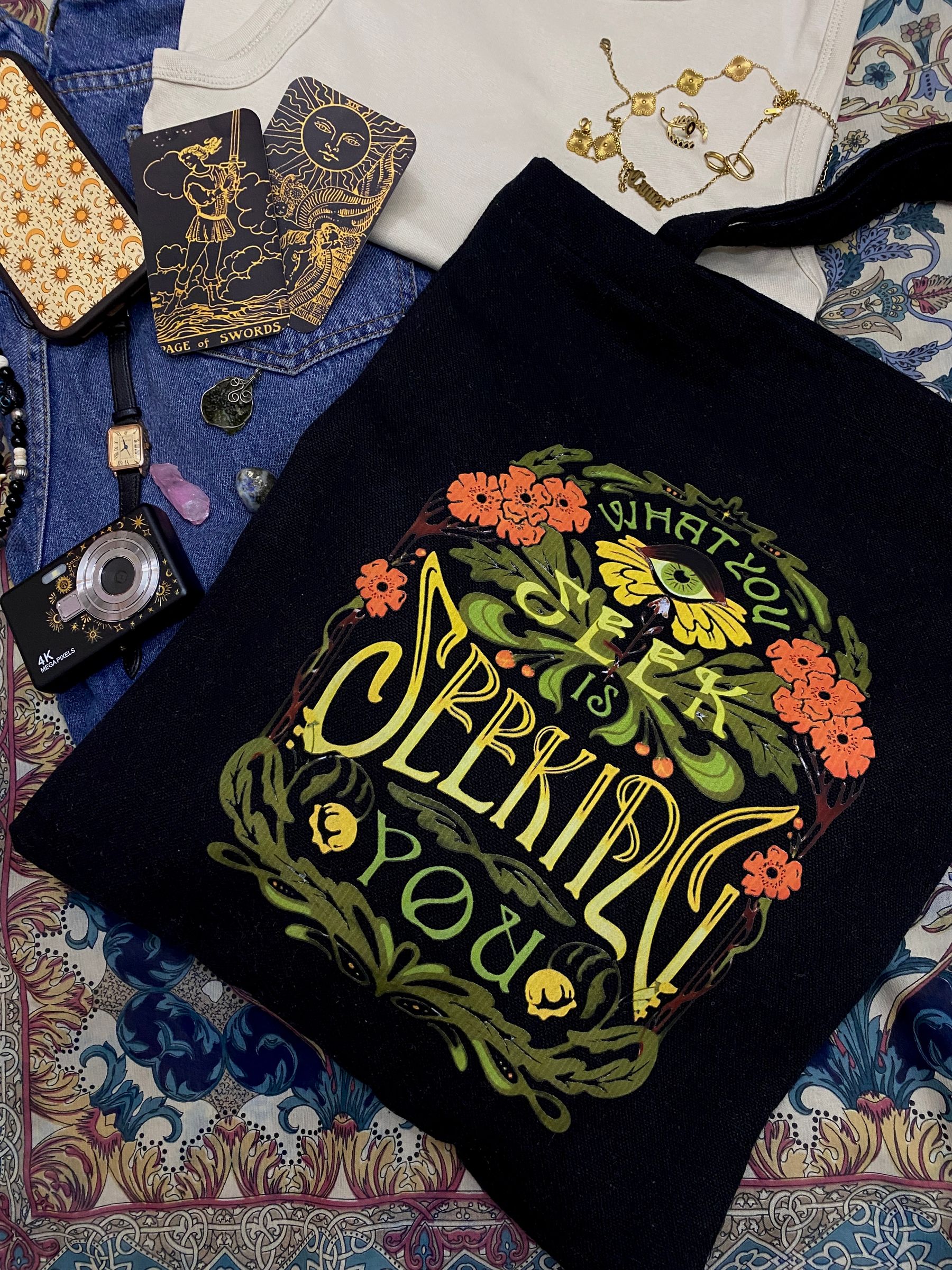What you seek is seeking you printed tote