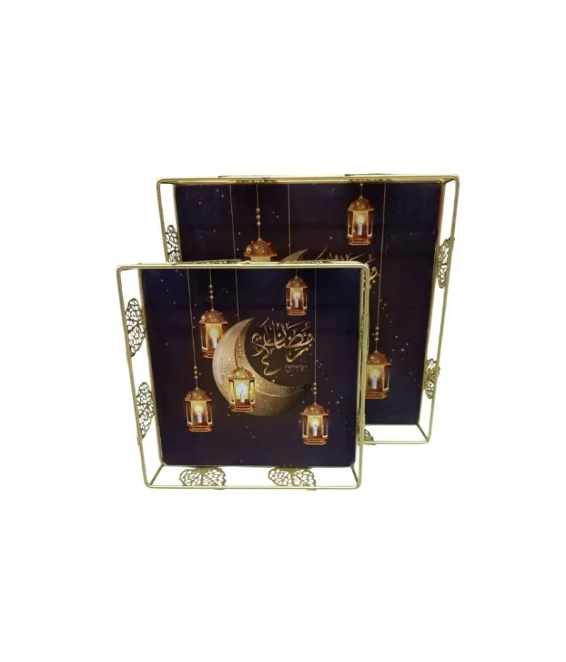 سعر عرض قطعتين من صواني تقديم ذهبية مزخرفة لرمضان