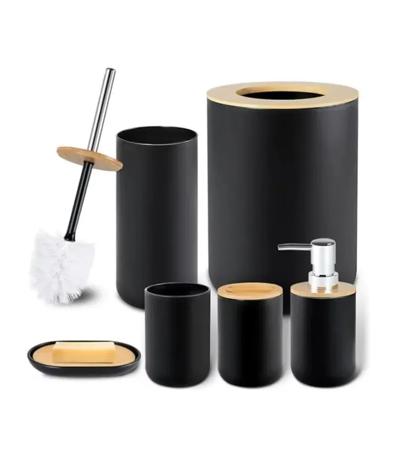 شراء طقم إكسسوارات حمام 6 قطع بتصميم عصري أبيض مع لمسة خشبية