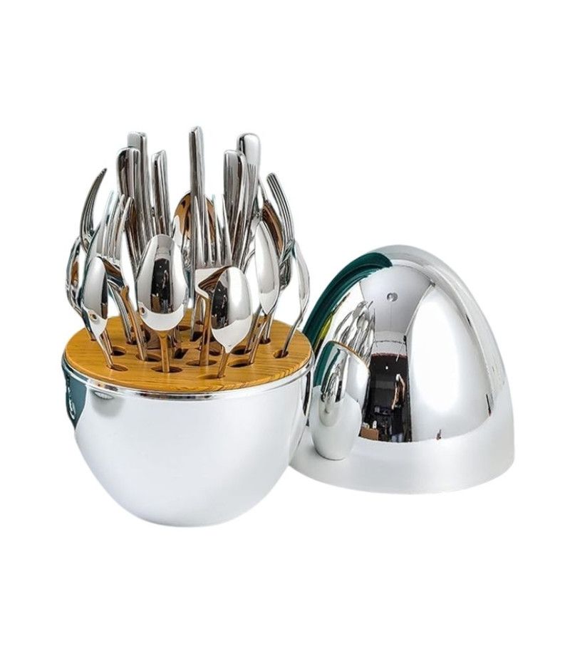 سعر طقم أدوات مائدة استانلس ستيل 24 قطعة مع حامل تخزين بشكل بيضة